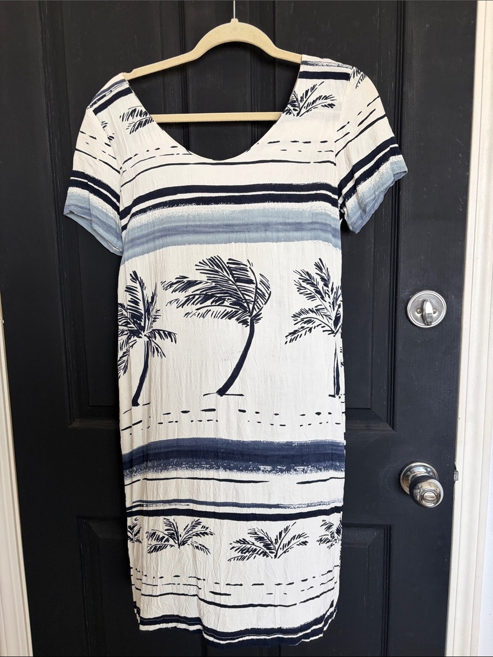 Jams World White and Navy Palm-Print Short Sleeve Mini Dress